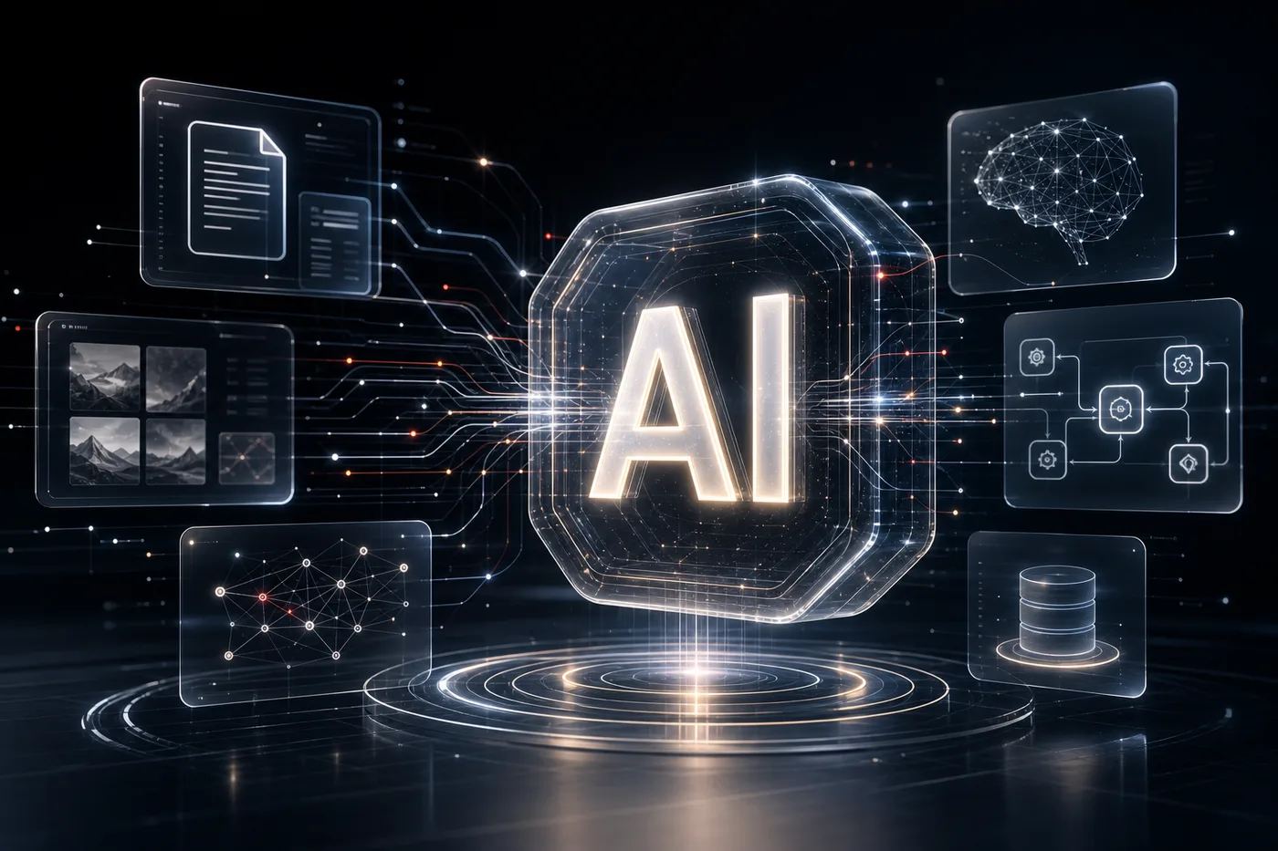 Futuristic generative AI interface connected to documents, images and analytics