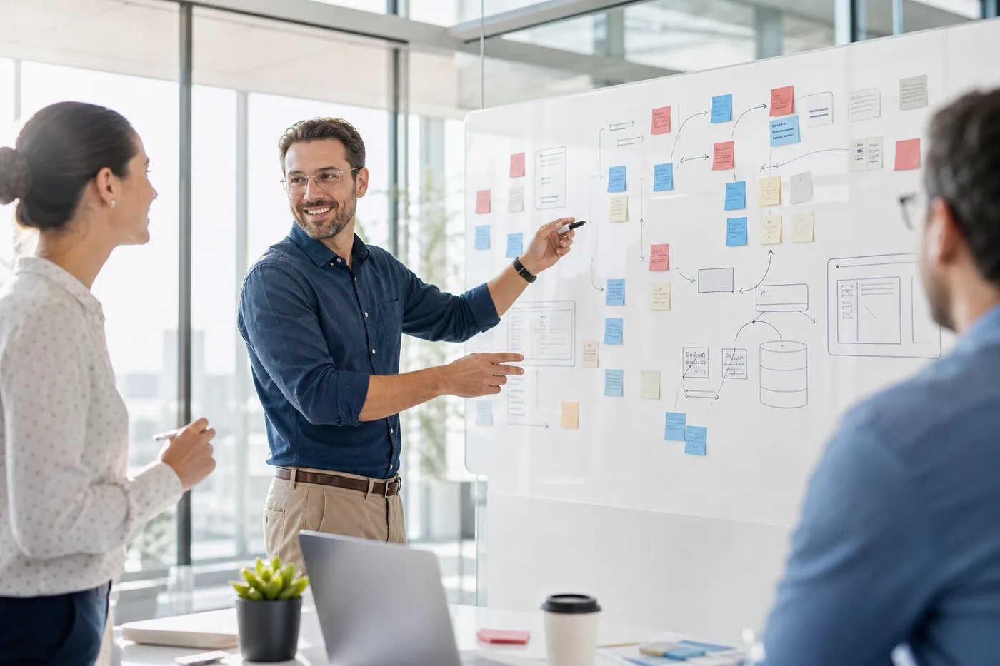 Software team planning Oracle Forms modernization on a whiteboard