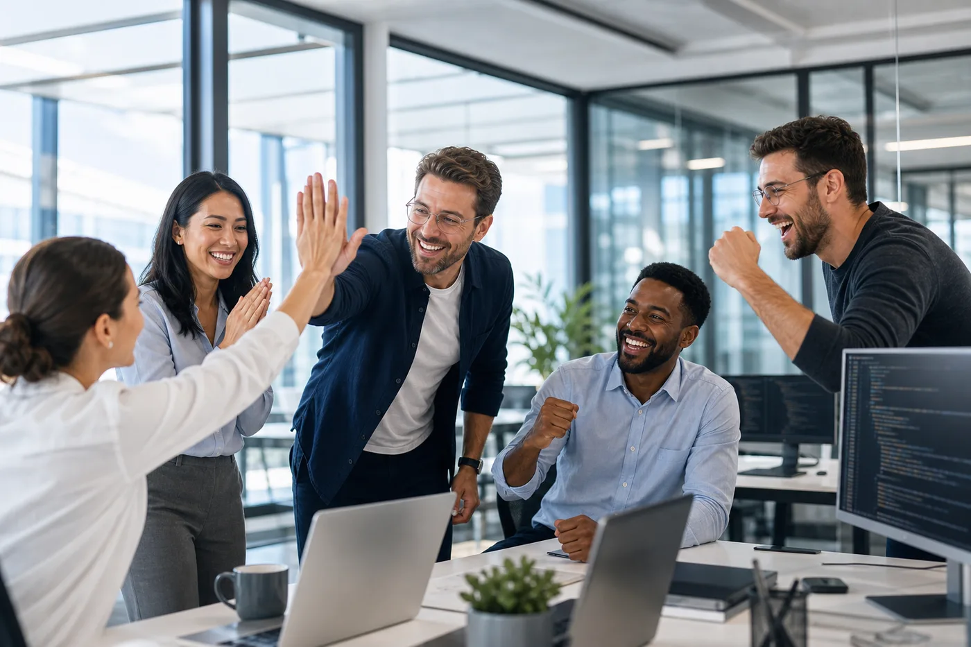 Software team celebrating successful delivery in a modern office