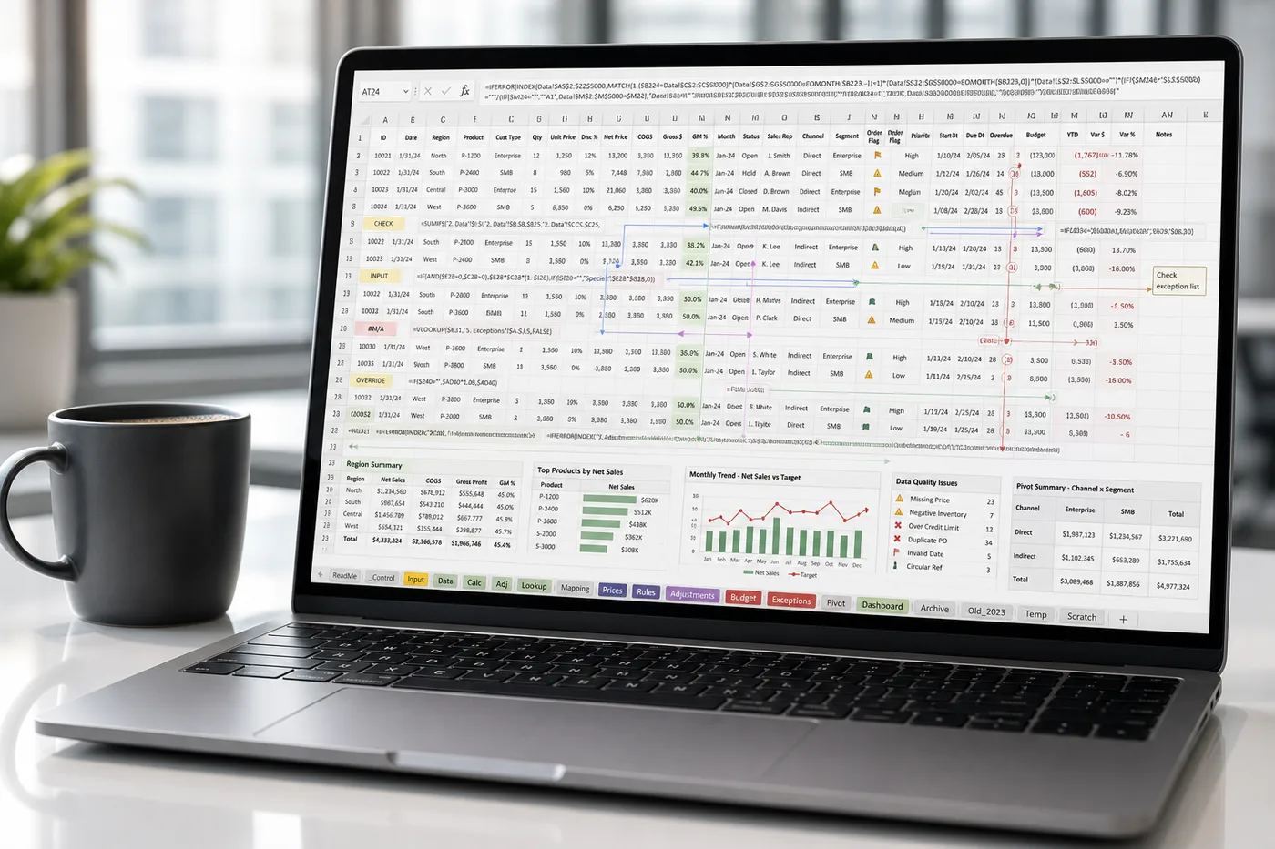 Modern laptop showing a complex spreadsheet beside a coffee mug in a bright office