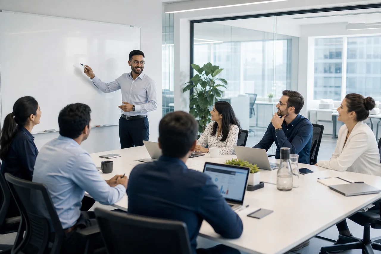 Experienced software consultants collaborating in a bright modern conference room